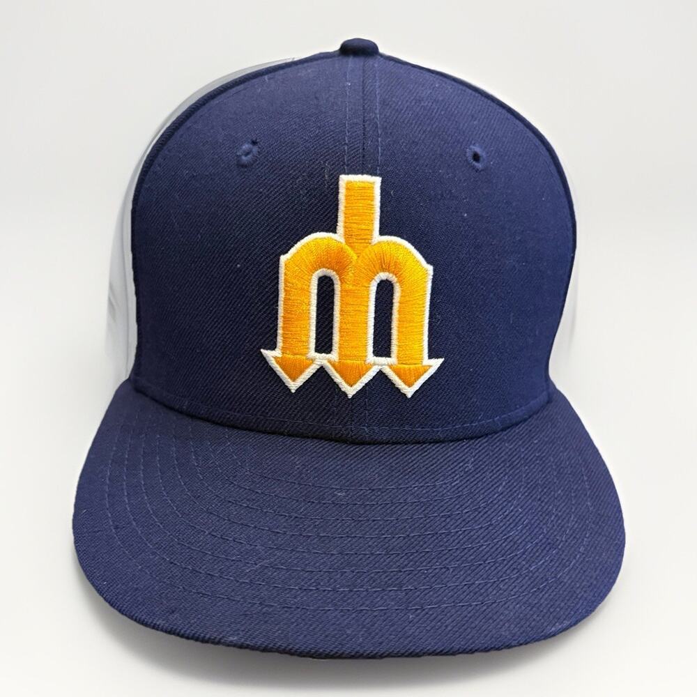 New Era 59Fifty Mens Blue MLB Seattle Mariners 100% Wool Fitted Hat Size 7 1/8